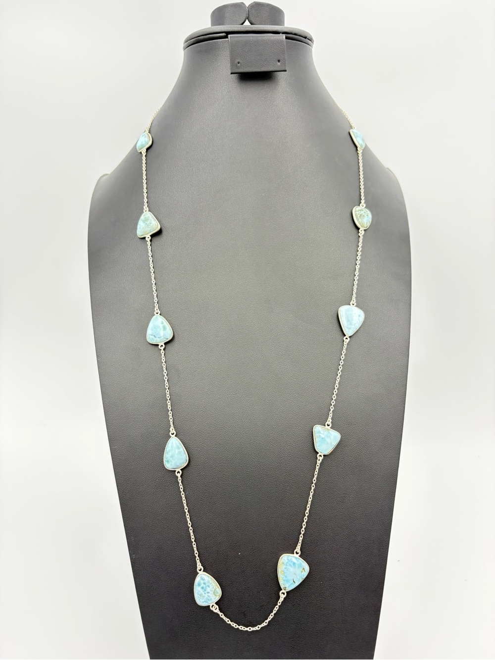 Sterling Silver 34” Long Necklace with Larimar Gemstone Stations